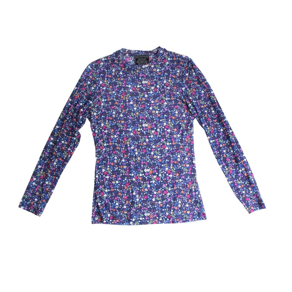 Johnny Was Jade Mesh Top Womens Medium Blue Floral Long Sleeve Stretch Boho